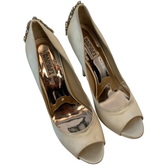 Badgley Mischka Embellished Peep-Toe Stiletto Heels Size 9.5M Satin & Leather - Picture 13 of 13